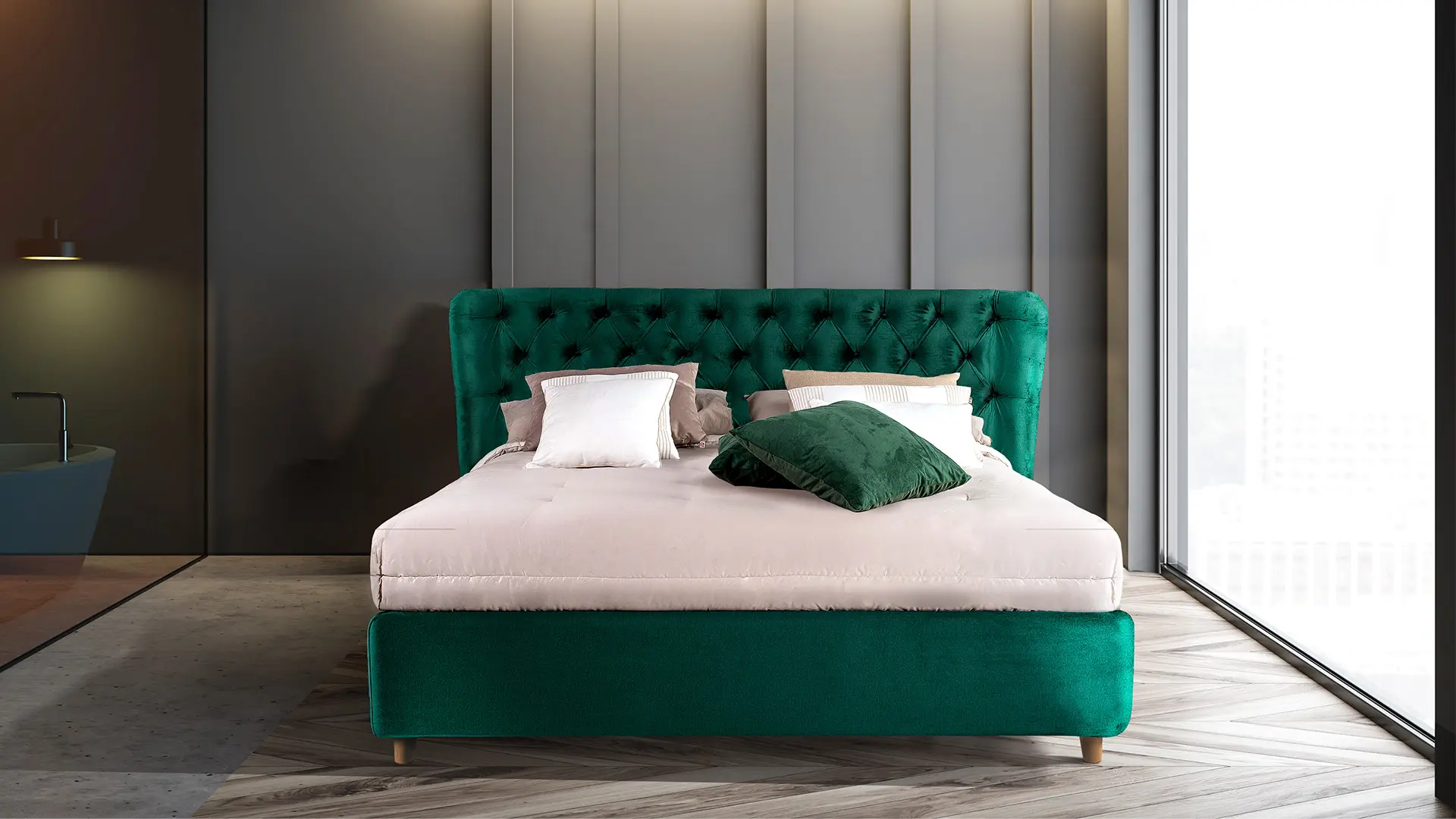 Pat dormitor tapițat integrat într-un dormitor modern