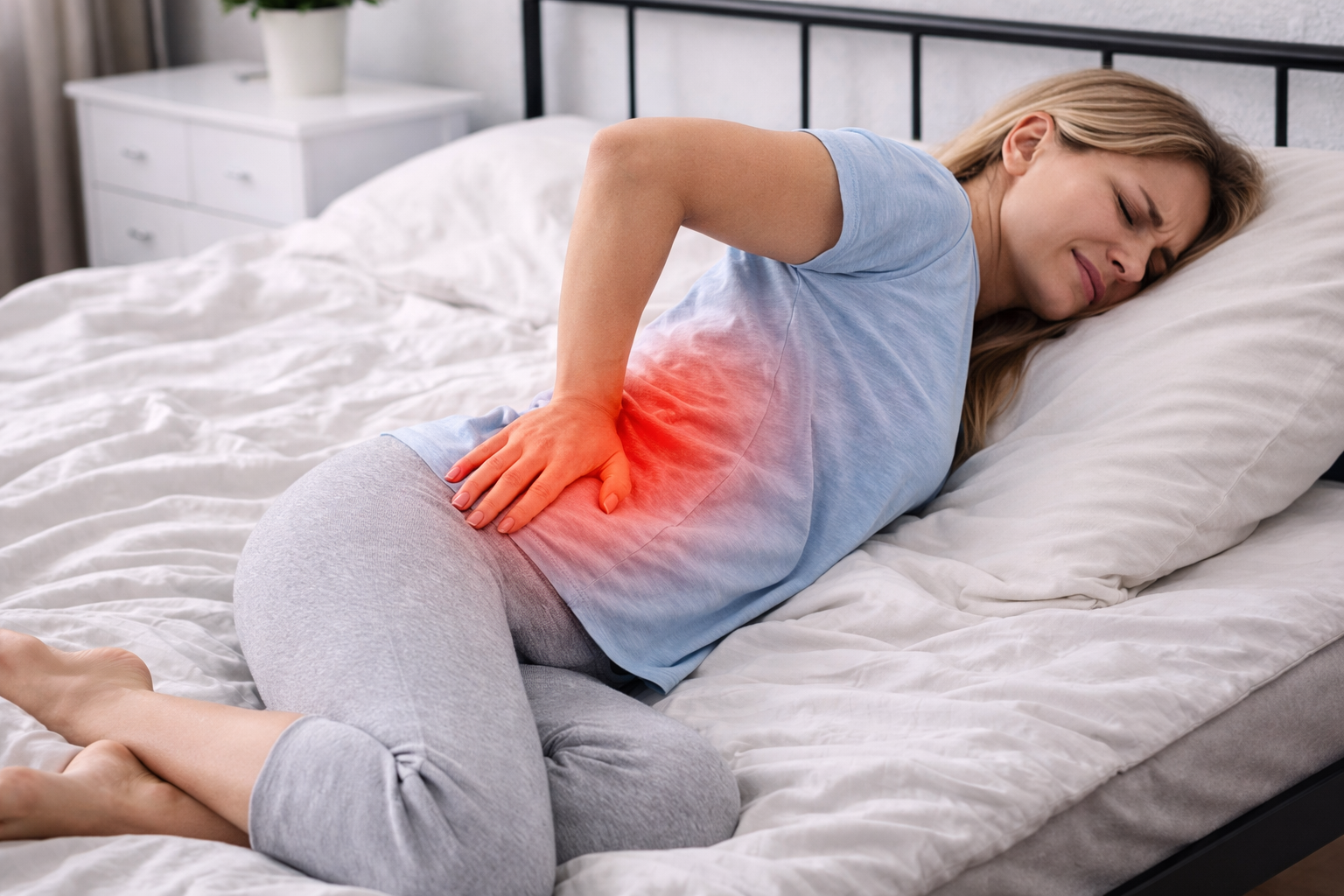 Imaginea ilustrează: O femeie stă întinsă pe o parte în pat, părând inconfortabilă și ținându-și partea inferioară a spatelui, arătând durere din cauza unei poziții proaste în pat sau în timpul somnului. Pentru mai multe detalii, vizitați site-ul thebed.ro!